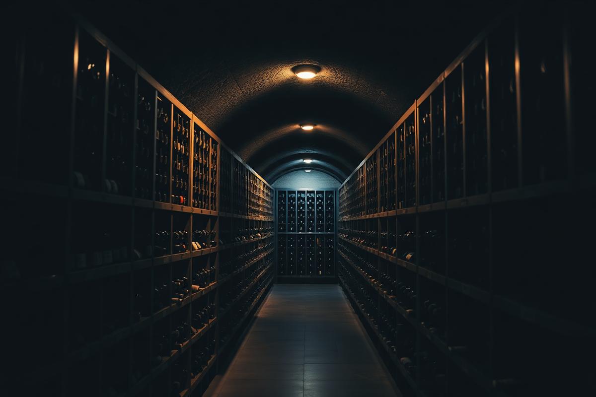 Long dark corridor of a temperature-controlled wine cellar lined with racks